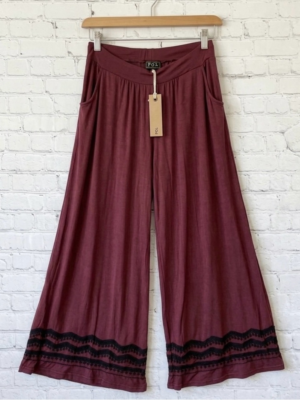 POL Black and Burgundy Boho Embroidered Wide Leg Flares NWT Size Small